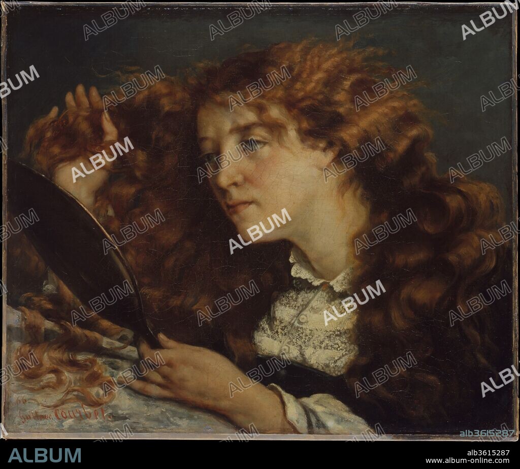 Jo, La Belle Irlandaise. Artist: Gustave Courbet (French, Ornans 1819-1877 La Tour-de-Peilz). Dimensions: 22 x 26 in. (55.9 x 66 cm). Date: 1865-66.
The "beautiful Irishwoman" depicted in this painting is Joanna Hiffernan (born 1842/43), mistress and model of the artist James McNeill Whistler (1834-1903), and perhaps subsequently Courbet's lover. Although dated 1866, the picture was likely undertaken in 1865, when the two men painted together at the French seaside resort of Trouville; Courbet wrote of "the beauty of a superb redhead whose portrait I have begun." He would paint three repetitions with minor variations.