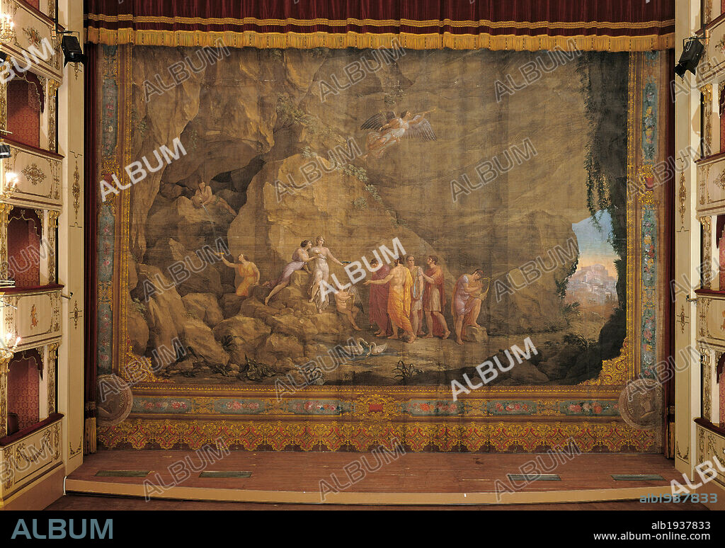 The source of Hippocrene, by Monticelli Angelo, 1818-1818 Century, painting on fabric,. Italy, Marche, Pesaro, Teatro Rossini. Curtain of Teatro Rossini representing the mythogical episode of the source of Hippocrene. Muses and poets symbolizing the arts together in a ladscape with rocks and a spring.