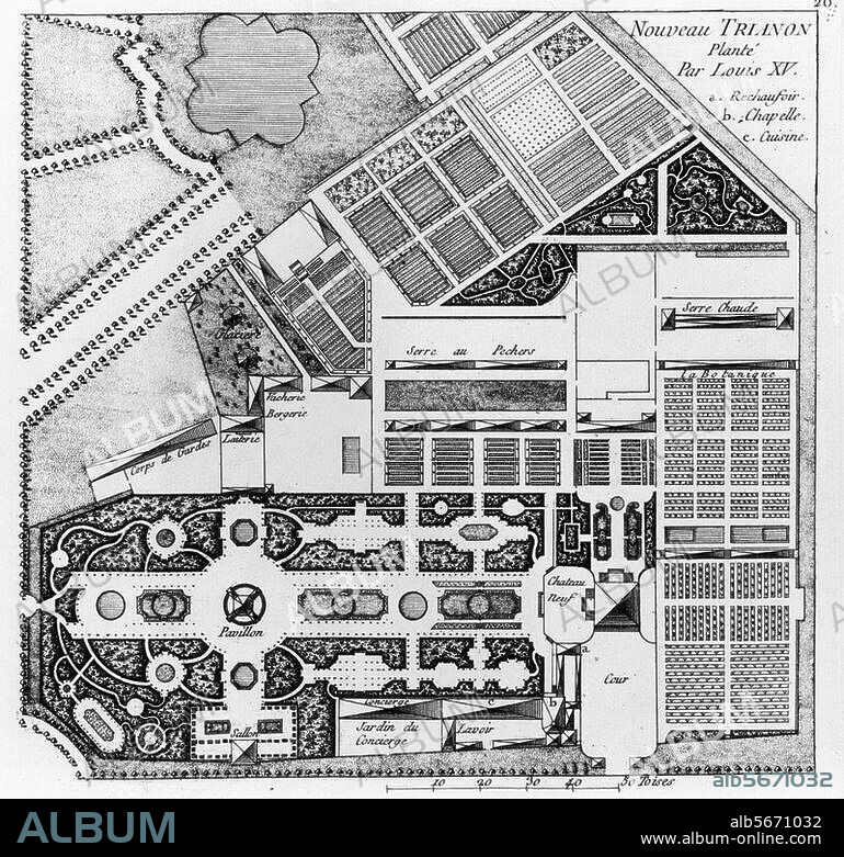 ANONYM. Versailles (Frankreich), Petit Trianon. (erbaut unter Ludwig XV.; Pläne 1761, Ausführung 1764-68; Arch.: J.A.Gabriel). "Nouveau TRIANON / Plante Par Louis XV." (Gesamtplan von Schloß und Park). Kupferstich, unbez., um 1774. Aus einem Sammelwerk: "Plans de Jardins".