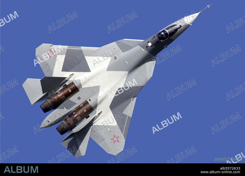 T-50 PAK-FA 051 BLUE fifth generation jet fighter of the Russian Air Force performing demonstration flight during MAKS-2011 airshow, Moscow, Russia.