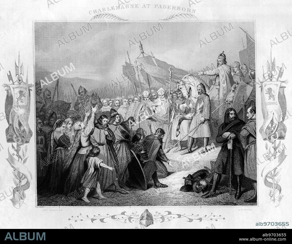 Charlemagne at Paderborn (probably in 777 AD) - by Ary Scheffer. Charlemagne (Latin: Carolus Magnus, meaning Charles the Great) (742 or 747 - 28 January 814) was King of the Franks from 768 to his death. He expanded and consolidated the Frankish Empire to incorporate much of Western and Central Europe. ©TopFoto.