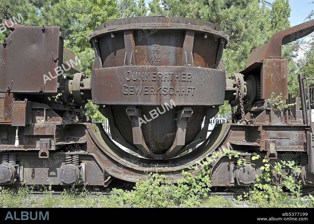 Rusty wagon for iron melt, Landschaftspark Duisburg-Nord landscape park, a former Thyssen blast furnace plant in Meiderich, Duisburg, North Rhine-Westphalia, Germany, Europe.