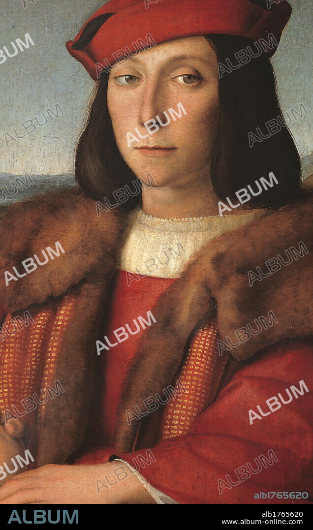 Portrait of Francesco Maria della Rovere (presumed), by Raffaello Sanzio, 1504, 16th Century, oil on panel, cm 85 x 64. Italy, Tuscany, Florence, Uffizi Gallery. Detail. Young man hat red fur face eyes look. Authorization required for non editorial use.