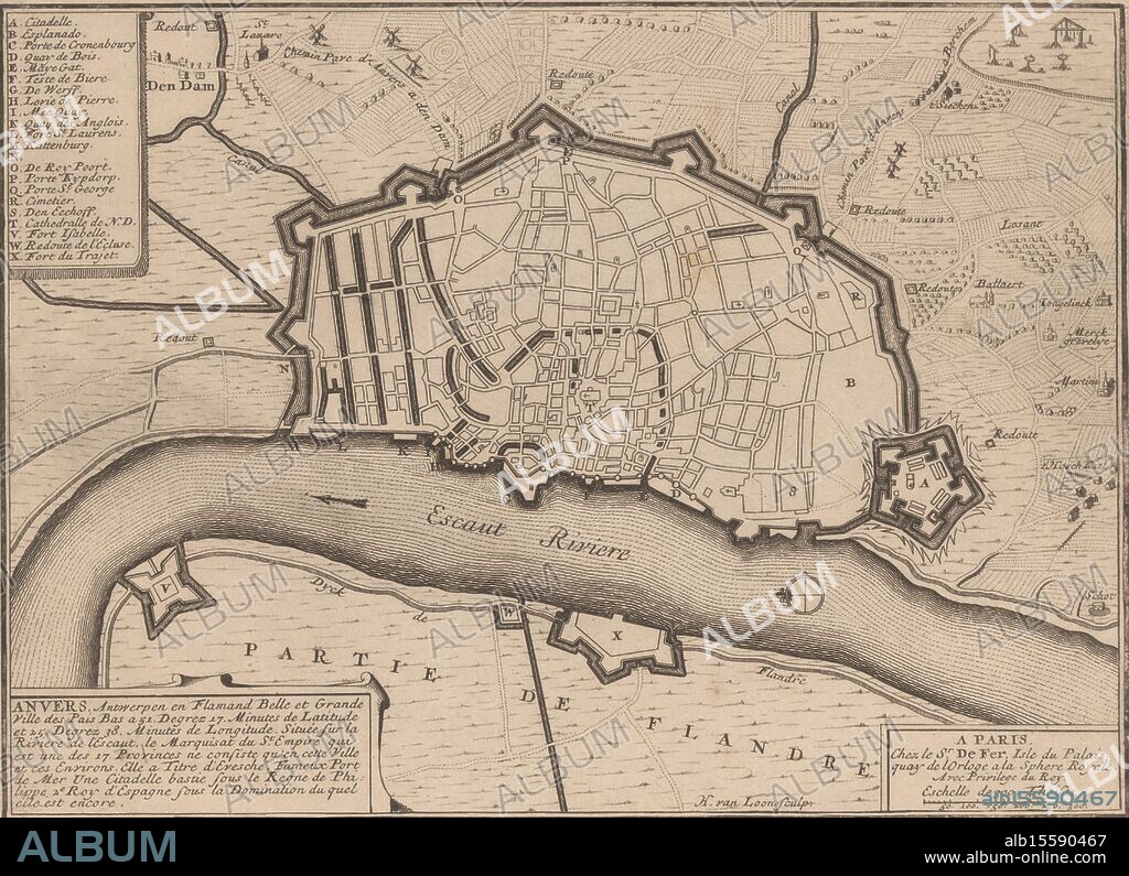 Map of Antwerp, Anvers, Antwerp and Flamand belle et grande ville des Pais Bas (...) (title on object), Map of Antwerp. Bottom left the title cartouche. Top left a legend A-X. Bottom right a scale stick: Eschelle de 300 Thoises. Title and inscriptions in French., print, print maker: Harmanus van Loon, (mentioned on object), publisher: Nicolas de Fer, (mentioned on object), Lodewijk XIV (koning van Frankrijk), (mentioned on object), print maker: France, publisher: Paris, 1690 - 1695, paper, etching, engraving, height, 201 mm × width, 274 mm.