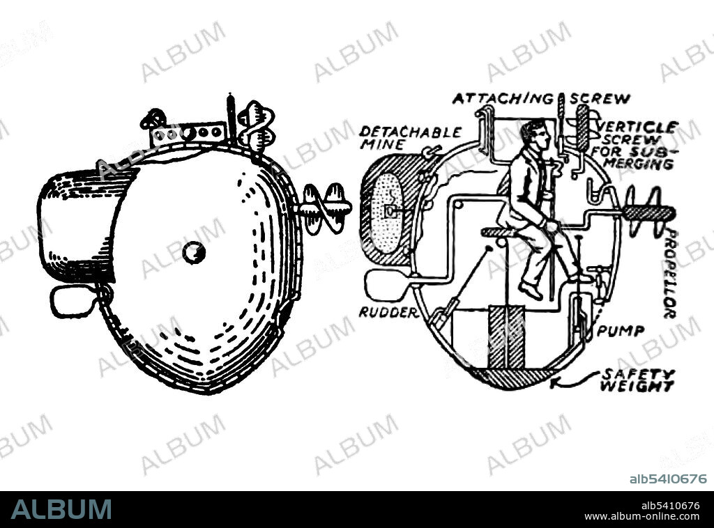 David Bushnell (August 30, 1740 - 1824 or 1826) was an American inventor. Turtle was the world's first submersible vessel with a documented record of use in combat. It was built in 1775 by American David Bushnell as a means of attaching explosive charges to ships in a harbor, for use against Royal Navy vessels during the American Revolutionary War. Several attempts were made using Turtle to affix explosives to the undersides of British warships in New York Harbor in 1776. All failed, and her transport ship was sunk later that year by the British with the submarine aboard. Submarine Warfare, Past and Present, 1907 (cropped and cleaned).