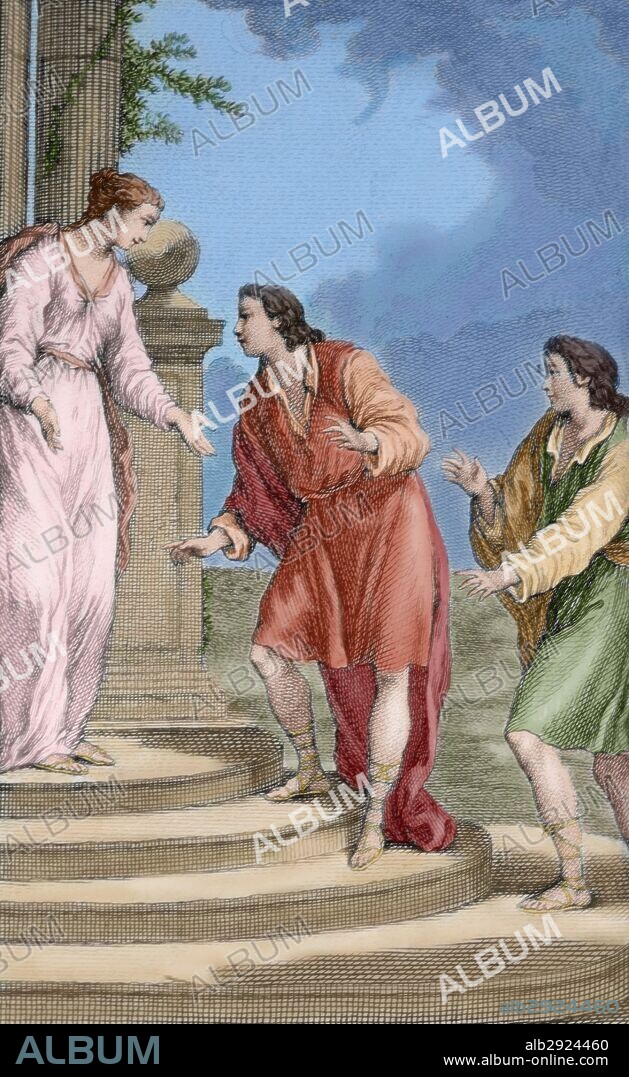 LITERATURA LATINA. SIGLOS III-II a. C. PLAUTO, Tito Maccio (Sarsina, 255 a. C. -Roma, 185 a. C.). Comediógrafo latino. Grabado coloreado de una edición de sus "COMEDIAS" impresa en París en el año 1759.