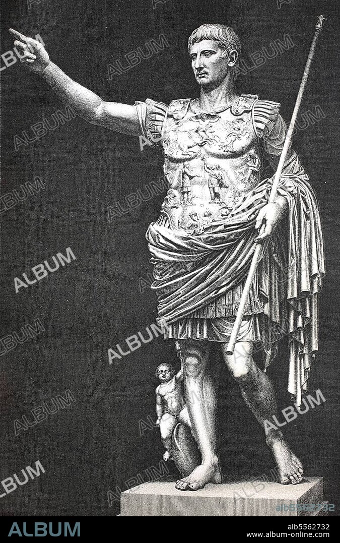 Augustus von Prima Porta, Augusto di Prima Porta, ist eine 2, 03 m hohe Marmorstatue von Augustus Cäsar, die am 20. April 1863 in der Villa der Livia in Prima Porta bei Rom entdeckt wurde, digital restaurierte Reproduktion einer Originalvorlage aus dem 19. Jahrhundert.