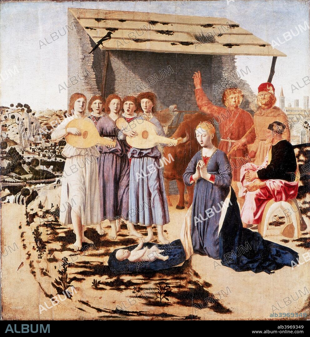 'The Nativity', 1470-1475. The Virgin in a blue robe kneels before the infant Jesus lying on the corner of her cloak. St Joseph sits on a saddle and listens to the shepherds. A single magpie, possibly an omen of sorrow, perches on the roof of the stable housing the ox and the ass, while singers and musicians serenade the child. From the collection of the National Gallery, London.
