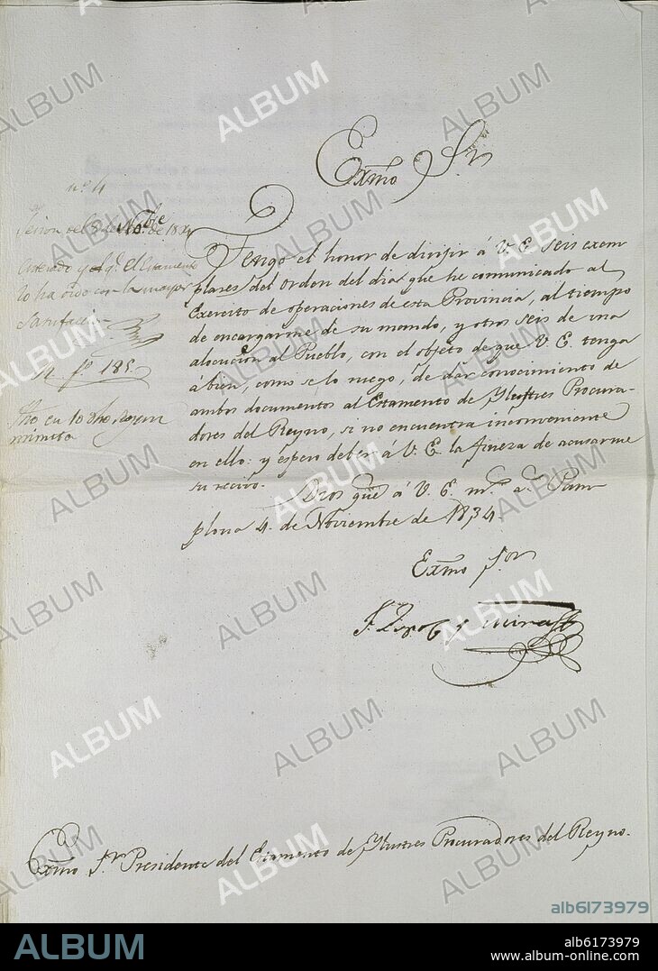 CARTA DEL GENERAL DON FRANCISCO ESPOZ Y MINA AL PRESIDENTE DEL ESTAMENTO DE PROCURADORES - 4 DE NOVIEMBRE DE 1834.