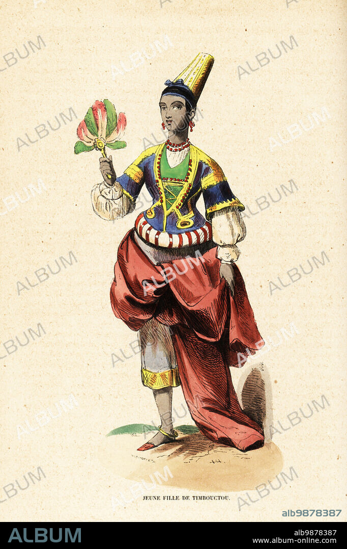 Young girl of Timbuktu, Mali. Although Muslim, she can go out without a veil, and wears a tall hat, Moorish costume of shawl, embroidered jacket, chemise and culottes. She wears earrings and necklace of amber, and silver anklets. Jeune fille de Timbouctou, Nigritie. Handcoloured woodcut by Henri Hendrickx and Edouard Vermocken from Auguste Wahlen's Moeurs, Usages et Costumes de tous les Peuples du Monde, (Manners, Customs and Costumes of all the People of the World) Librairie Historique-Artistique, Brussels, 1845. Wahlen was the pseudonym of Jean-Francois-Nicolas Loumyer (1801-1875), a writer and archivist with the Heraldic Department of Belgium.