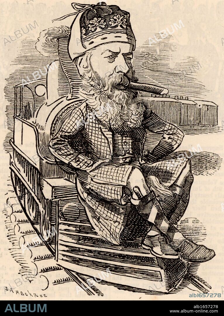 George Granville William Sutherland-Leveson-Gower, 3rd Duke of Sutherland (1828-1882), British aristocrat, succeeded to his title in 1861. Sutherland finishing a marathon railway journey in America.  Cartoon by Edward Linley Sambourne in the Punch's Fancy Portraits series from "Punch" (London, 9 July 1881).  (Photo by: Universal History Archive/UIG via Getty Images).