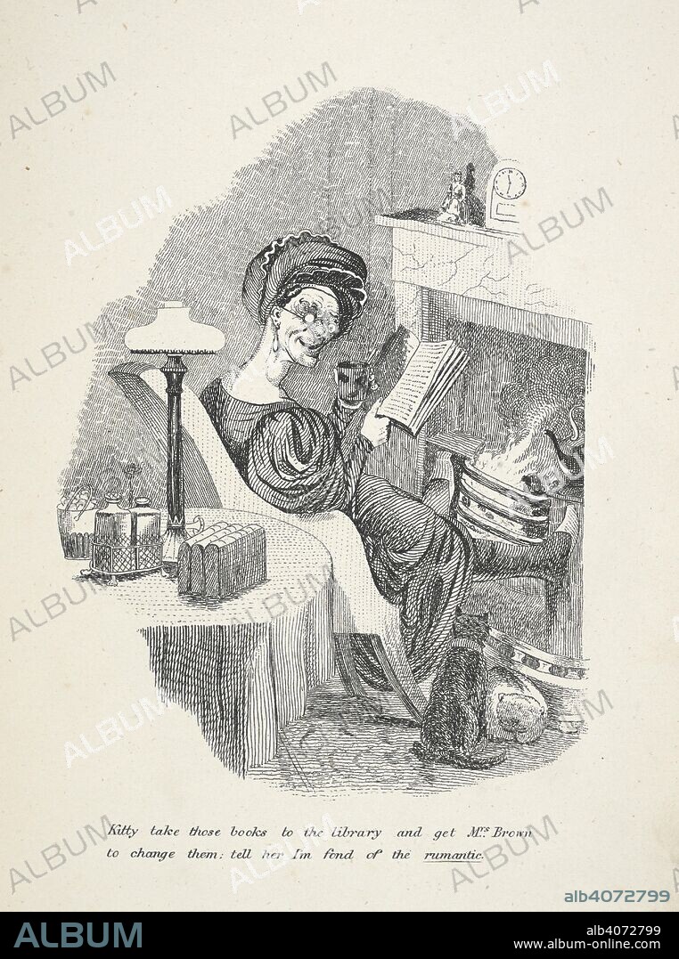 ROBERT SEYMOUR. A satirical illustration of a woman reading a Gothic Romance novel. Seymour's Humorous Sketches. Ninety-seven caricature etchings. London : Frederick Bentley, [c. 1875]. Source: 12333.bb.21, plate 76. Language: English.