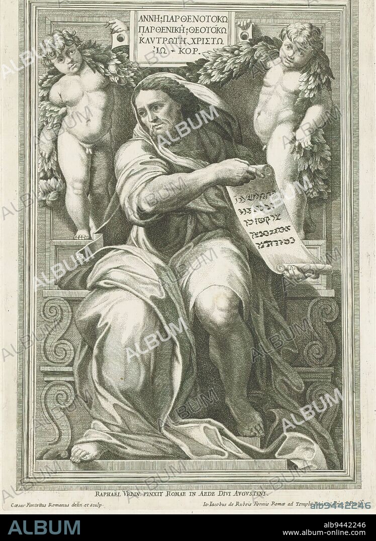 Prophet Isaiah, Raphael Bible (series title), Imagines Veteris ac Novi Testamenti (series title), The prophet Isaiah, a scroll with Hebrew text in his hands. To his left and right on elevation putti with garlands. Between the putti a Greek text on tablet. Print is part of an album., print maker: Cesare Fantetti, (mentioned on object), after drawing by: Cesare Fantetti, (mentioned on object), after painting by: Rafaël, (mentioned on object), print maker: Italy, after drawing by: Italy, after painting by: Vaticaanstad, publisher: Rome, Vaticaanstad, 1675, paper, etching, height 315 mm × width 222 mm.