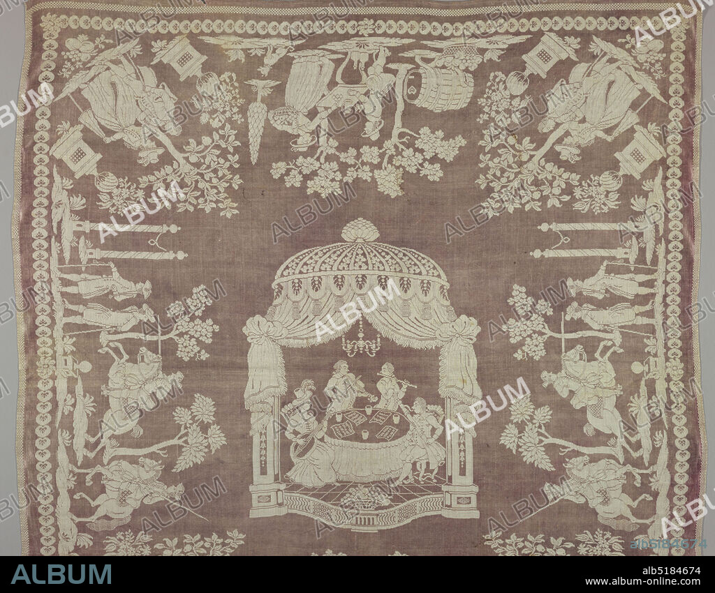 Tablecloth, Medium: linen, silk Technique: damask with satin weave, Tablecloth of white linen and light purple silk damask. Central design of four musicians at a table under a canopy. Maid and youth in each corner. Group of hunters are on opposite sides while and a man and woman stand by a table on the other two sides., France, 18th century, woven textiles, Tablecloth.