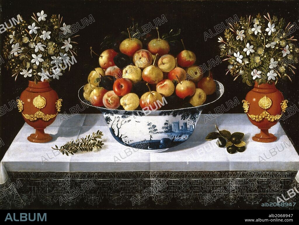 TOMÁS YEPES. Tomás Hiepes / 'Frutero de Delft y dos floreros', 1642, Escuela Española, Óleo sobre Lienzo, 67 cm x 96 cm, P07909.