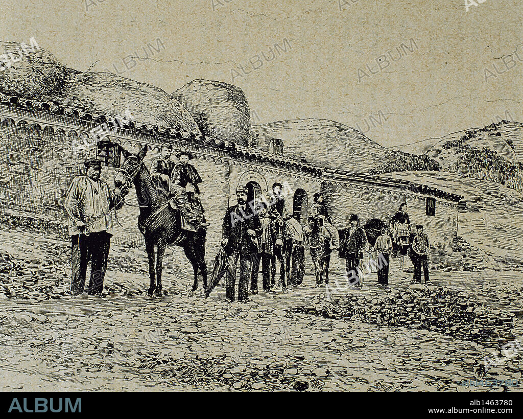 MONTSERRAT. Llegada de excursionistas a San Jerónimo. Provincia de Barcelona. Cataluña. Dibujado por L. Urgelles. La Ilustración. 1890.