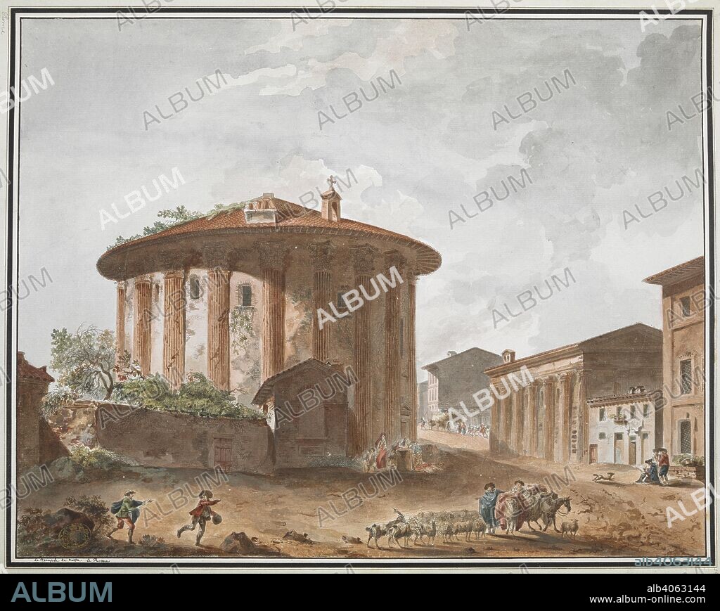 View of the Temple of Hercules Victor, previously believed to be the Temple of Vesta, on the left and the Temple of Portunus on the right. Herdsmen and other figures in the foreground, a draughtsman at work beyond and a market in the Forum Boarium in the background. Le Temple de Vesta a Rome. [Rome] : [Giovanni Volpato], [between 1780 and 1789]. Hand-coloured etching, with watercolour and gouache. Source: Maps K.Top.81.43.b. Language: French.