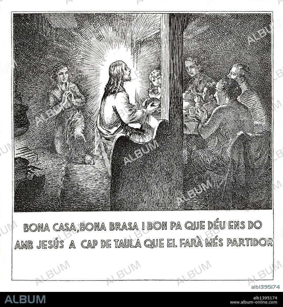 Lámina religiosa representado la bendición familiar de la mesa y sus alimentos. Dibujo de Joan Junceda de 1933.