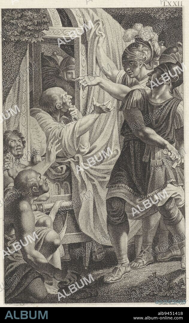 Cicero is seated in his stretcher and sticks his head out, touching his chin with his left hand. He has instructed his slaves to leave him to his fate. Cicero is attacked by Herennius, who will behead him with his sword on the orders of the triumvirate.', Death of Cicero, print maker: Ludwig Gottlieb Portman, (mentioned on object), intermediary draughtsman: Jacques Kuyper, (mentioned on object), Amsterdam, 1801, paper, etching, h 207 mm × w 128 mm.