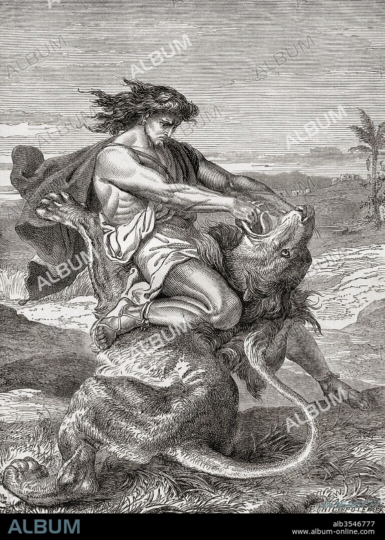 Samson killing the lion, from The Book of Judges, Old Testament. From The Children's Bible, published c. 1883.