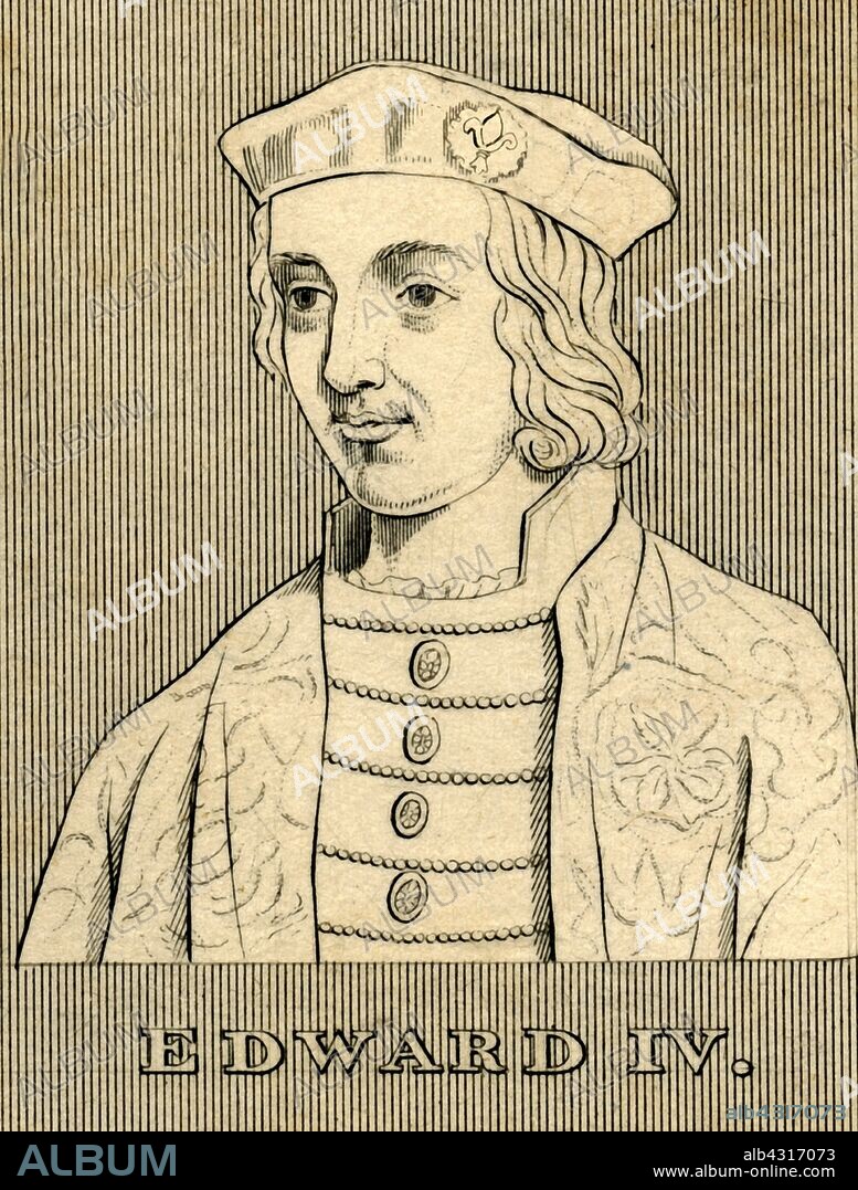 'Edward IV', (1442-1483), 1830. Edward IV (1442-1483) King of England 1461-1470 and again from 1471 to his death. He grew up during the  Wars of the Roses and became the first Yorkist king, primarily through patronage from Richard Neville, 16th Earl of Warwick, known as 'The Kingmaker' . From "Biographical Illustrations", by Alfred Howard. [Thomas Tegg, R. Griffin and Co., J. Cumming, London, Glasgow and Dublin, 1830].
