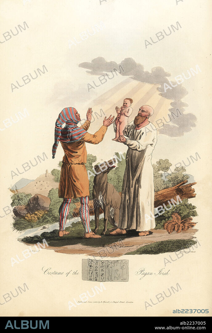 Costume of the Pagan Irish in the post-Roman era. The subject is an initiation ceremony into the Helio-arkite religion. Irish Druid priest hydramus, minister of the sea, in white stole, and herald bard in striped trousers (truise), tunic (cotaigh), and striped hood (cochal), with baby and Irish wolf-hound. In the background, a gowlan temple and barr-chean pillar. Handcoloured aquatint by R. Havell from an illustration by Charles Hamilton Smith from Samuel Meyrick's Costume of the Original Inhabitants of the British Islands, London, 1821.