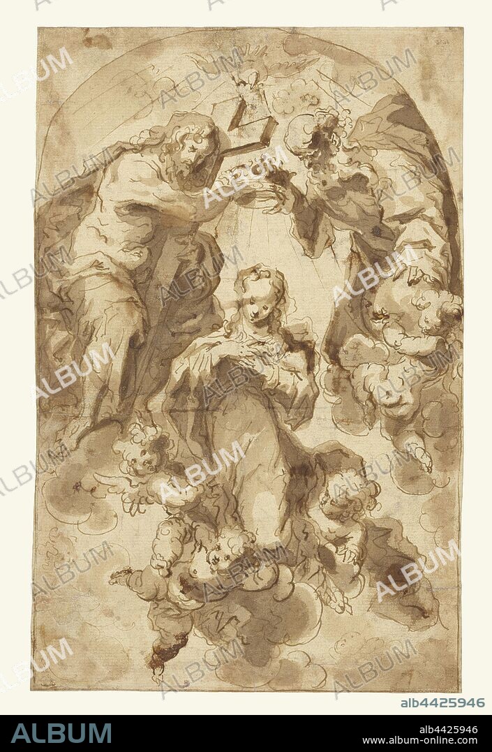 The Coronation of the Virgin, Francisco Ribalta (Spanish, 1565 - 1628), about 1600 - 1628, Pen and brown ink and brown wash, 28.7 x 18.7 cm (11 5/16 x 7 3/8 in.).