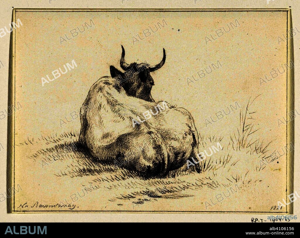 Lying cow, from behind. Artist: Jan van Ravenswaay. Draughtsman: Jean Bernard. Dating: 1821. Measurements: h 140 mm × w 188 mm.