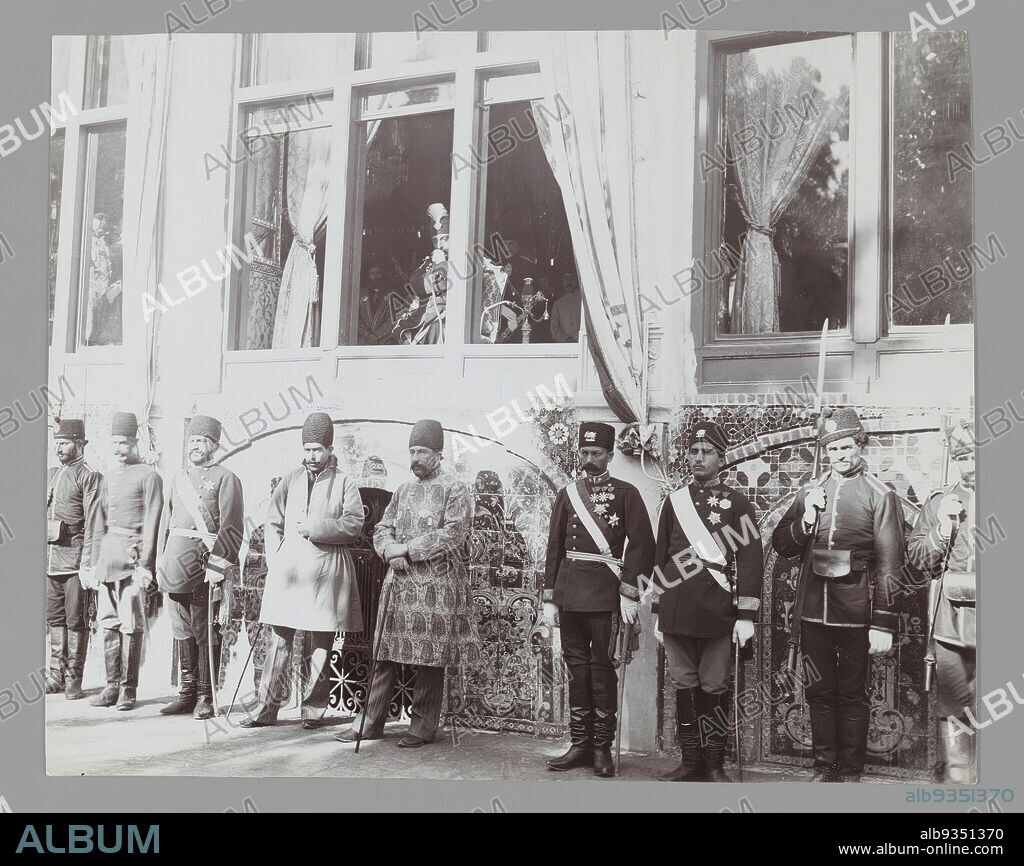 Mozaffar al-Din Shah Sitting in State in the Golestan Palace, One of 274 Vintage Photographs, Gelatin silver printing out paper, late 19th-early 20th century, Qajar, Qajar Period, 4 11/16 x 5 13/16 in., 11.9 x 14.8 cm.
