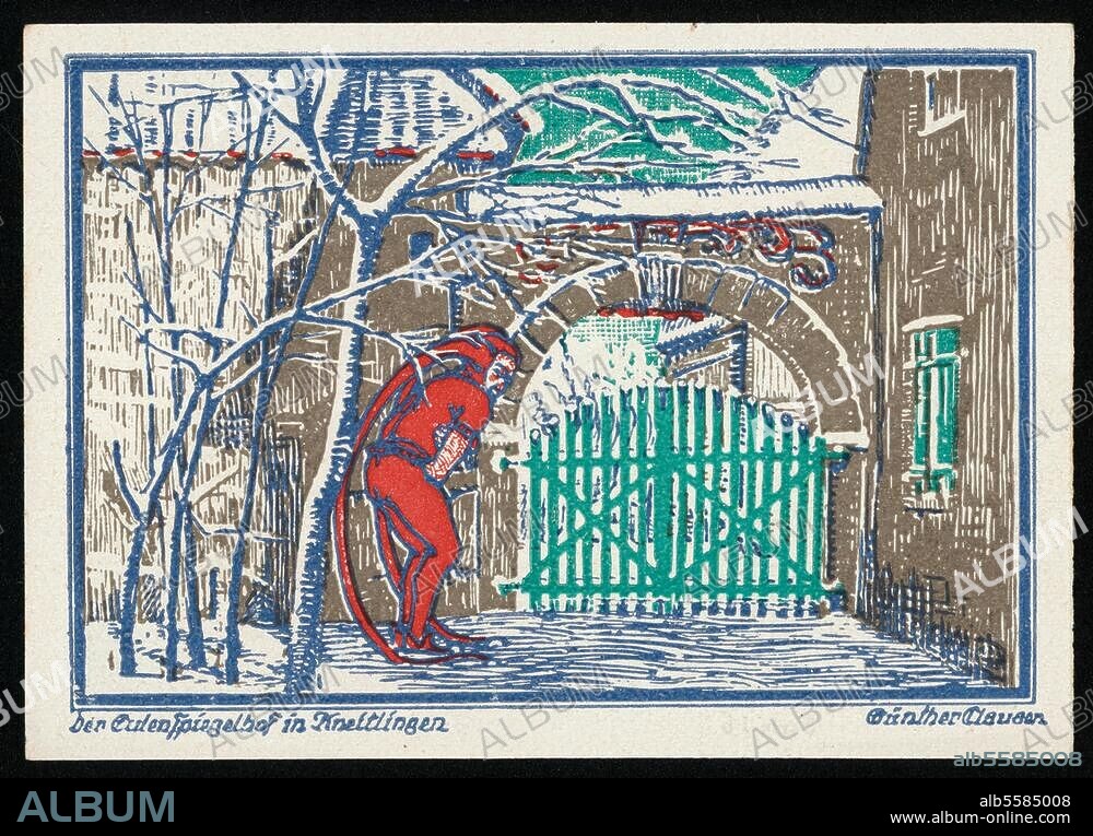 Eulenspiegel, Till Bäuerlicher Schalksnarr, Held eines Volksbuches; gest. 1350. "Der Eulenspiegelhof in Kneitlingen". Notgeld 50 Pfennige der Gemeinde Kneitlingen, gültig 1.7.-1.11.1921. Entwurf: Günther Clausen.