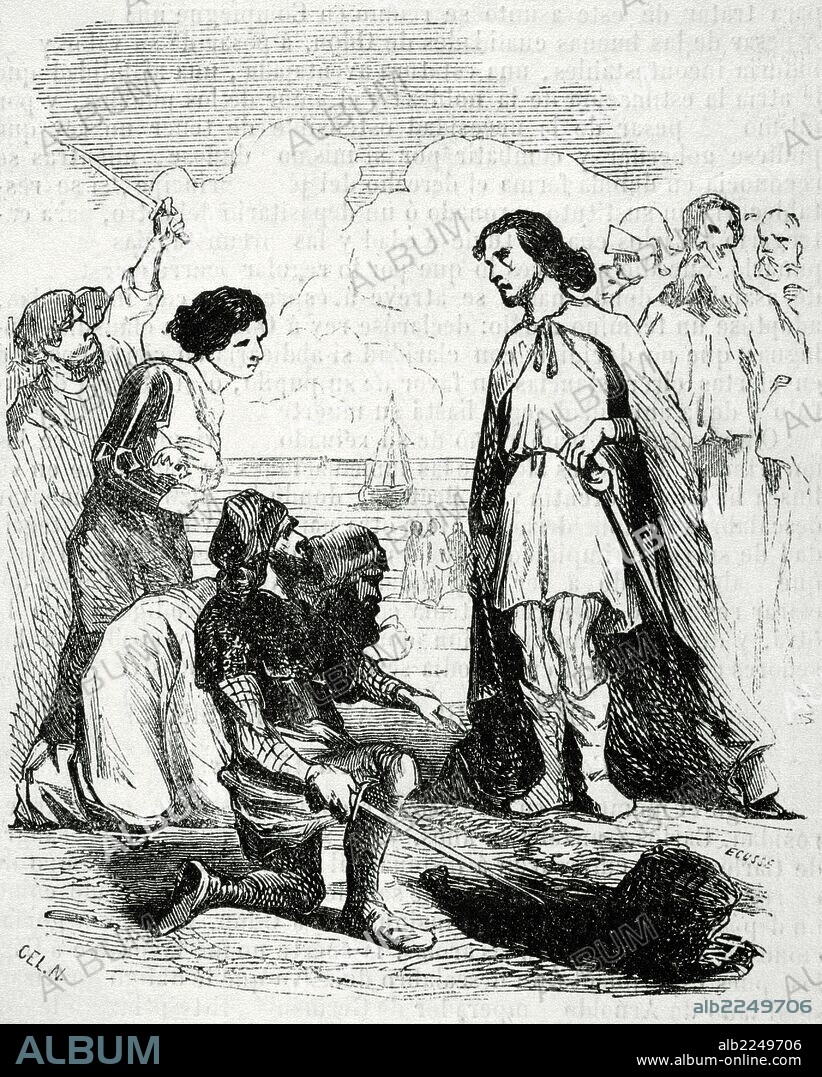 LUIS IV de Francia, apodado "de Ultramar" (920-954). Rey de Francia Occidental de 936-954. Dinastía Carolingia. "Llegada de Luis IV a Inglaterra". Grabado.