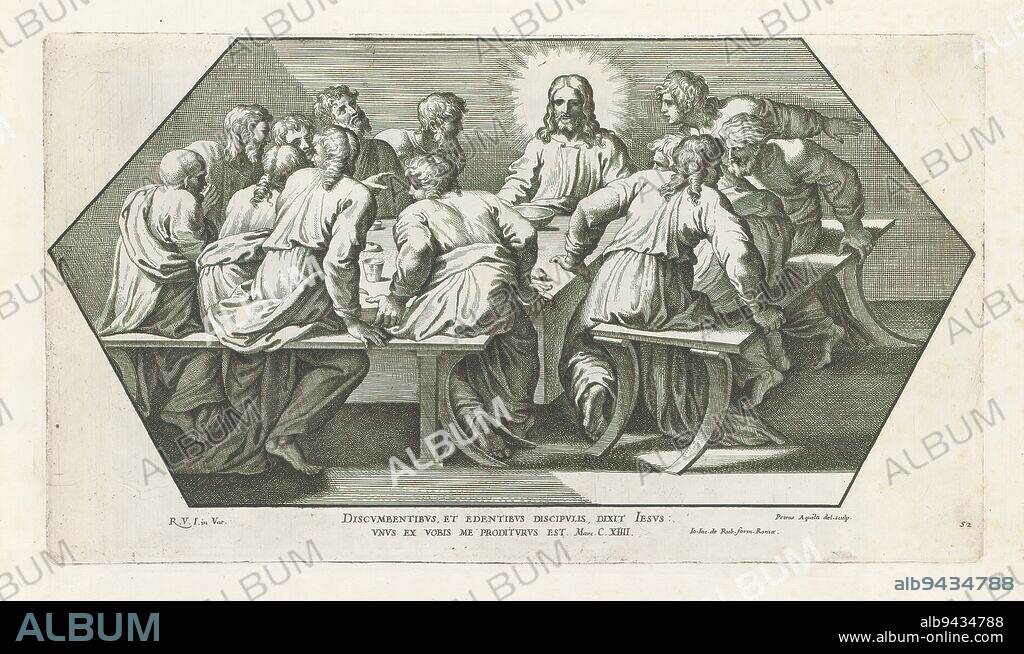 Last Supper, Raphael Bible (series title), Paintings in Raphael's Loggia (series title), Imagines Veteris ac Novi Testamenti (series title), Christ sits with his disciples around a table at the Last Supper. Bible verse below the image. Print is part of an album., print maker: Pietro Aquila, (mentioned on object), after drawing by: Pietro Aquila, (mentioned on object), after painting by: Rafaël, (mentioned on object), print maker: Italy, after drawing by: Italy, after painting by: Vaticaanstad, publisher: Rome, Vaticaanstad, 1675, paper, etching, height 215 mm × width 380 mm.