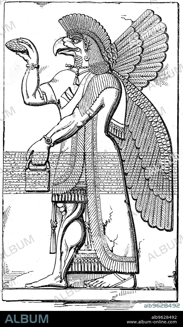 Nisroch, Assyrian god, mid 19th century. Assyrian eagle-winged god Nisroch carrying a pine cone, the symbol of regeneration. Ancient Assyria, a kingdom of Mesoptamia, was located in modern Iraq. From a relief of c9th century BC excavated at Nimrud by Henry Layard beginning in 1845.