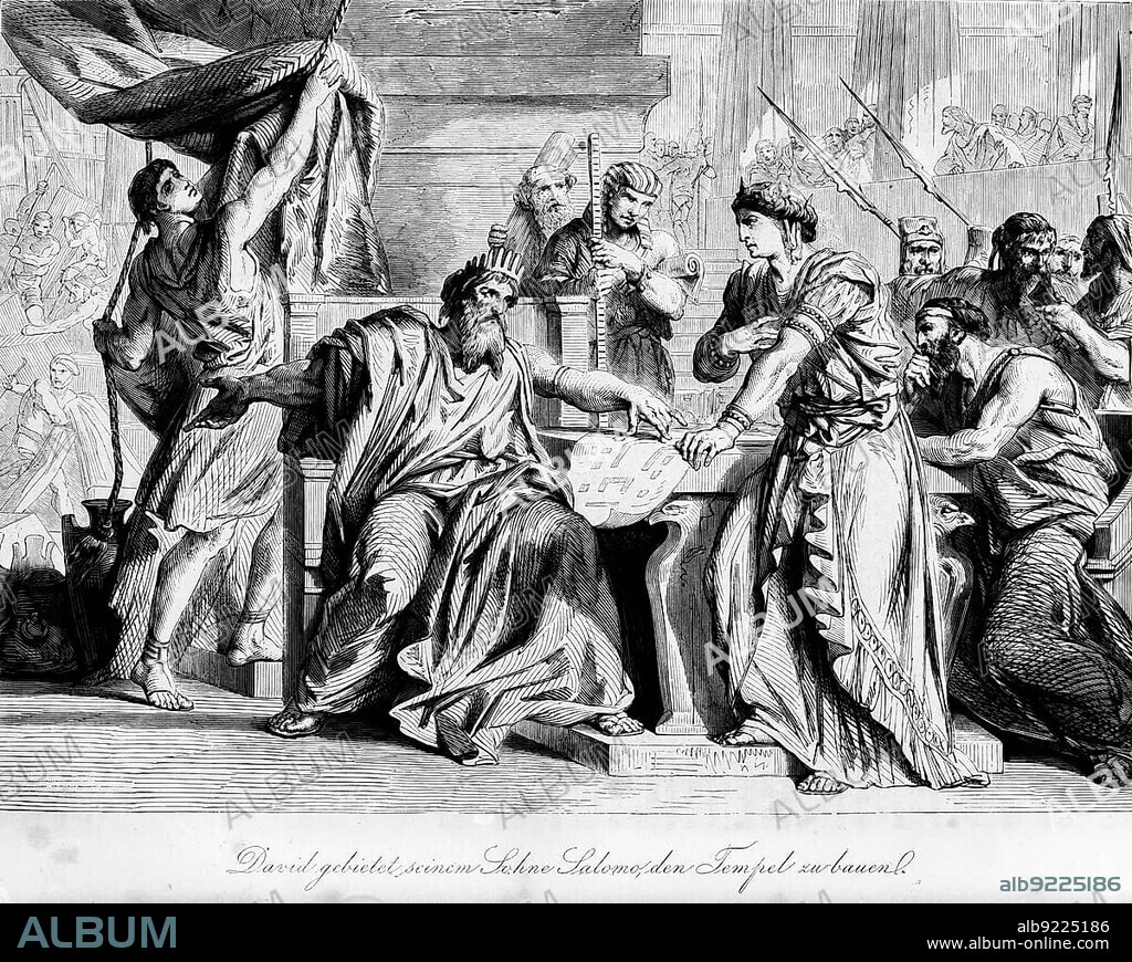 David commands his son Solomon to build the temple, son, crowd, king, table, sitting, drawing, architecture, curtain, interior, weapons, Bible, Old Testament, First Book of Chronicles, chapter, verse, historical illustration circa 1850.