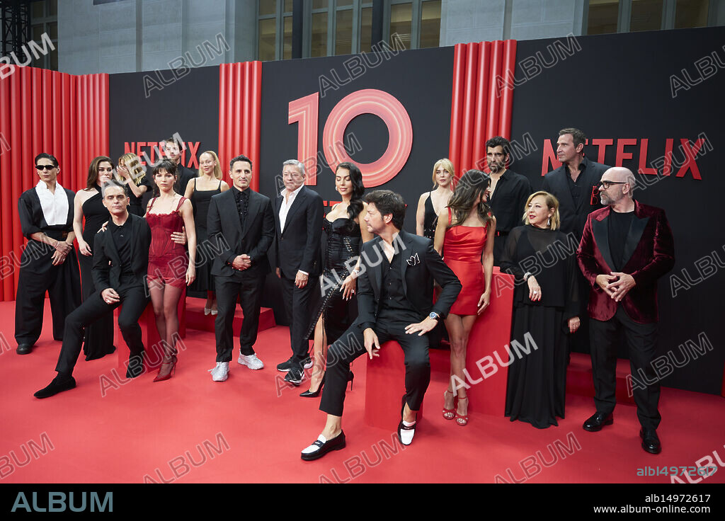 Enzo Vogrincic, Najwa Nimri, Blanca Suarez, Manu Ríos, Ester Exposito, Pedro Alonso, Ursula Corbero, Diego Avalos, Ted Sarandos, Georgina Rodriguez, Clara Galle, Tamar Novas, Alvaro Morte, Clara Lago, Fernando Gil, Carmen Machi, Luis Tosar attends Netflix Spain's 10th anniversary party red carpet at Galería de Cristal on June 11, 2025 in Madrid, Spain.
