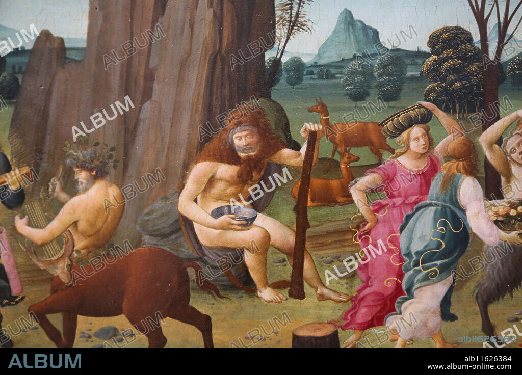 The Wedding of Thetis and Peleus, 1490,  by Bartolomeo di Giovanni (1465-1494). Heracles and Quiron centaur. Tempera on wood. Early Renaissance. Louvre Museum. Paris. France.