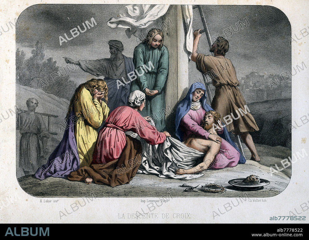 BIBLE "The deposition from the Cross": Joseph of Arimathea obtains permission from Pilate to recover the body of Jesus from the Cross, he does so in the presence of the Three Marys. Table from "La Bible en estampes", illustrated with lithographs by Ch. Vallet from compositions by Auguste Leloir (1 July 1809 - 8 March 1892), texts taken from "the Bible du Jeune Age" by Élisabeth Muller. Lemercier print, Publisher Amédée Bédelet, Paris 1860.
