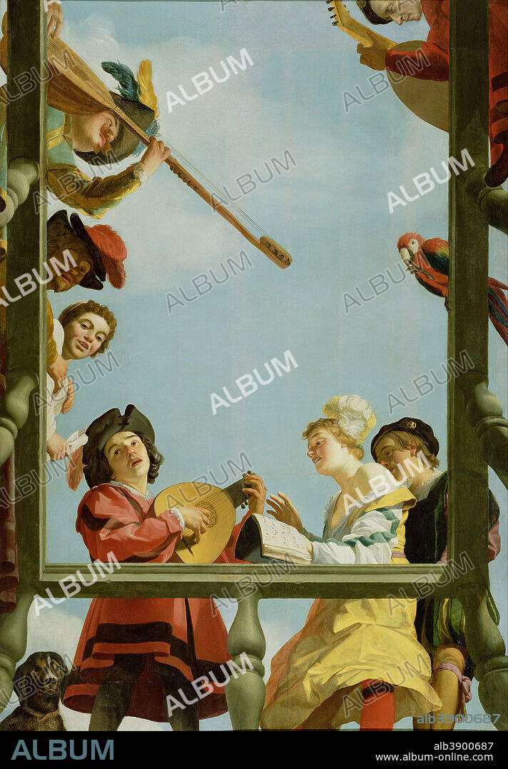GERRIT VAN HONTHORST. Musical Group on a Balcony. Date/Period: 1622. Painting. Oil on panel. Height: 3,089 mm (10.13 ft); Width: 1,140 mm (44.88 in).