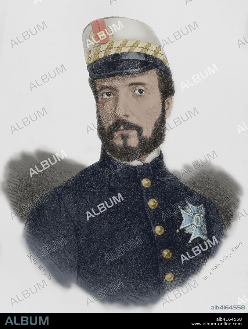 Juan Prim, 1st Marquis of los Castillejos (1814-1870). Spanish military leader and politician. Drawing by Llanta (fl.1866 - 1872) . Lithography. Later colouration. Cronica General de Espa–a, Historia Ilustrada y Descriptiva de sus Provincias. Catalonia. 1866.