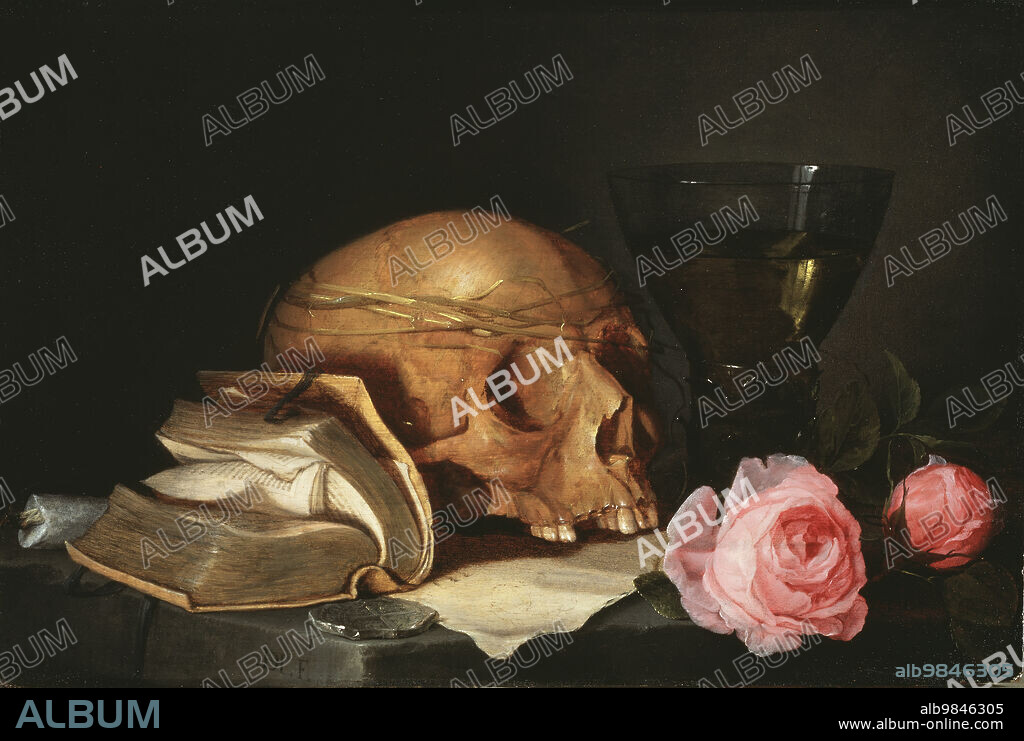JAN DAVIDSZ DE HEEM. A Vanitas Still-Life with a Skull, a Book and Roses, c.1630.
