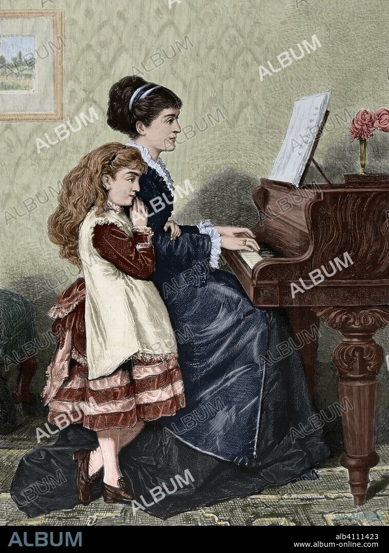 Sociedad siglo XIX. "En el Piano". Copia del cuadro "At the Piano", de Goodwin Kilburne (1839-1924). Grabado. La Ilustración Española y Americana, 15 de mayo de 1876. Coloreado.