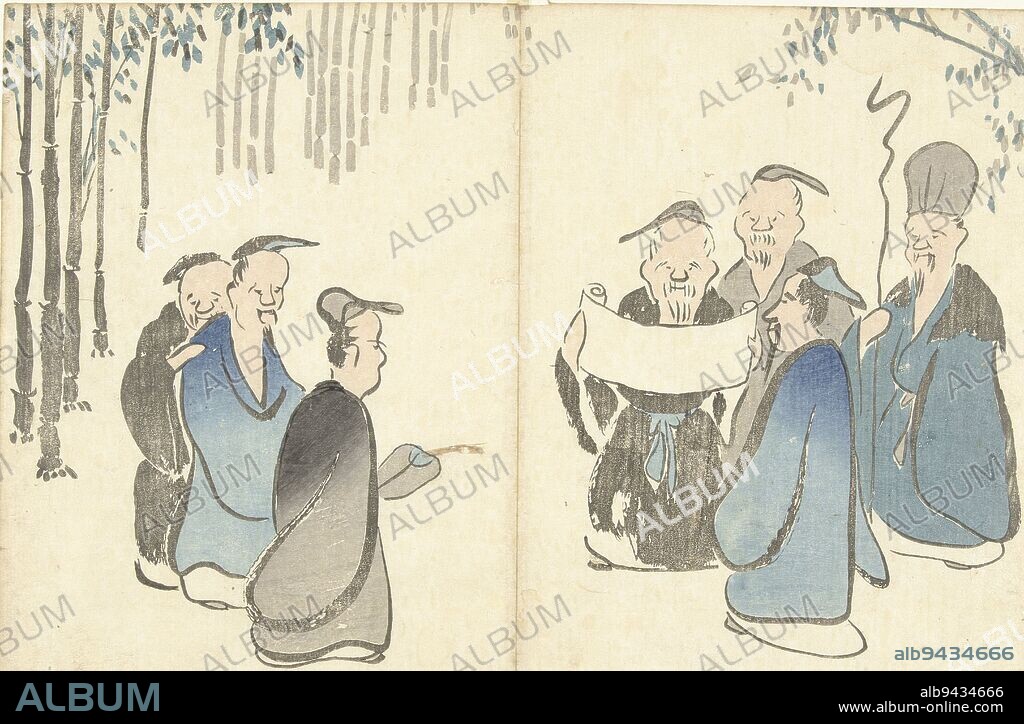 Seven men, one of them reading a manuscript, in a bamboo forest, Seven Gods of Fortune in a bamboo forest Picture album of Korin (series title) Korin gafu (series title), print maker: Nakamura Hôchû, printer: Matsuda Shinsuke, (possibly), publisher: Izumiya Shojiro, Edo, 1826, paper, colour woodcut, h 255 mm × w 368 mm.