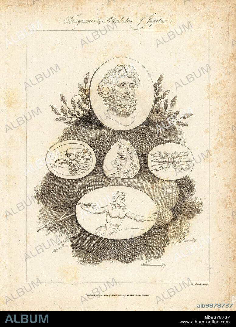 Fragments and attributes of Roman god Jupiter. Jupiter Ammon with horns on cornelian from the Museum of Florence (top), profile of Jupiter on garnet in Mr Townley's collection (center) and Jupiter Tonans with thunderbolt on sulphur (bottom), eagle (right) and fulmen (left). Copperplate engraving by D. Smith after an illustration by Richard Dagley from Gems, Selected from the Antique, with Illustrations, John Murray, London, 1804.