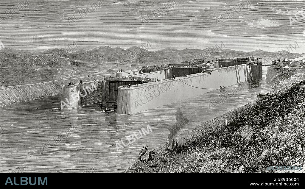 Netherlands, Amsterdam. The North Sea Canal. Lock. Dutch ship canal from Amsterdam to the North Sea at Ijmuiden. It was constructed between 1865 and 1876. On 1st November 1876 the North Sea Canal was officially opened by King William III of the Netherlands. Engraving. La Iustracion Espa–ola y Americana, November 22, 1876.