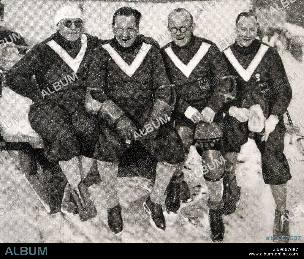 Photograph of the German Bobsleigh team at the 1932 winter Olympic games. (from left to right) Hans Kilian (1905 - 1981), Max Ludwig (1896 - unknown), Hans Mehlhorn (1900 - 1983) and Sebastian "Wastl" Huber (1901 - 1985).
