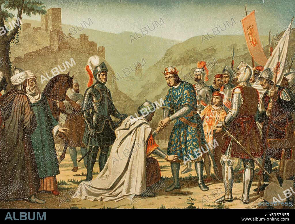 Granada War (1482-1492). Taking of Loja by King Ferdinand the Catholic (1452-1516) in 1486. Chromolithography. Historia General de España (General History of Spain), by Miguel Morayta. Volume III. Madrid, 1890.