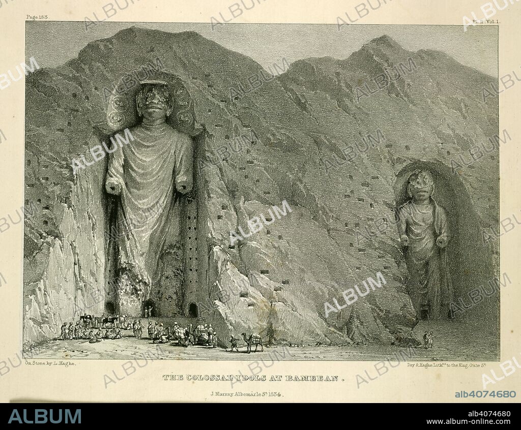 LOUIS HAGHE. The two colossal Buddha images at Bamian, Afghanistan. Elphinstone Collection. c.1830. pen-and-ink; watercolour. Source: WD 4317, f.7va. Language: English.