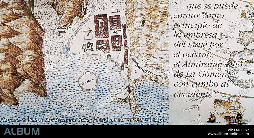 DESCUBRIMIENTO DE AMERICA. Panel cerámico donde se explica la partida de Colón desde la Gomera hacia el Nuevo Mundo. Se encuentra junto al pozo en el que se abasteció Colón para su viaje, en el patio de la CASA DEL POZO DE LA AGUADA. SAN SEBASTIAN. LA GOMERA. Provincia de Santa Cruz de Tenerife. Canarias. España.