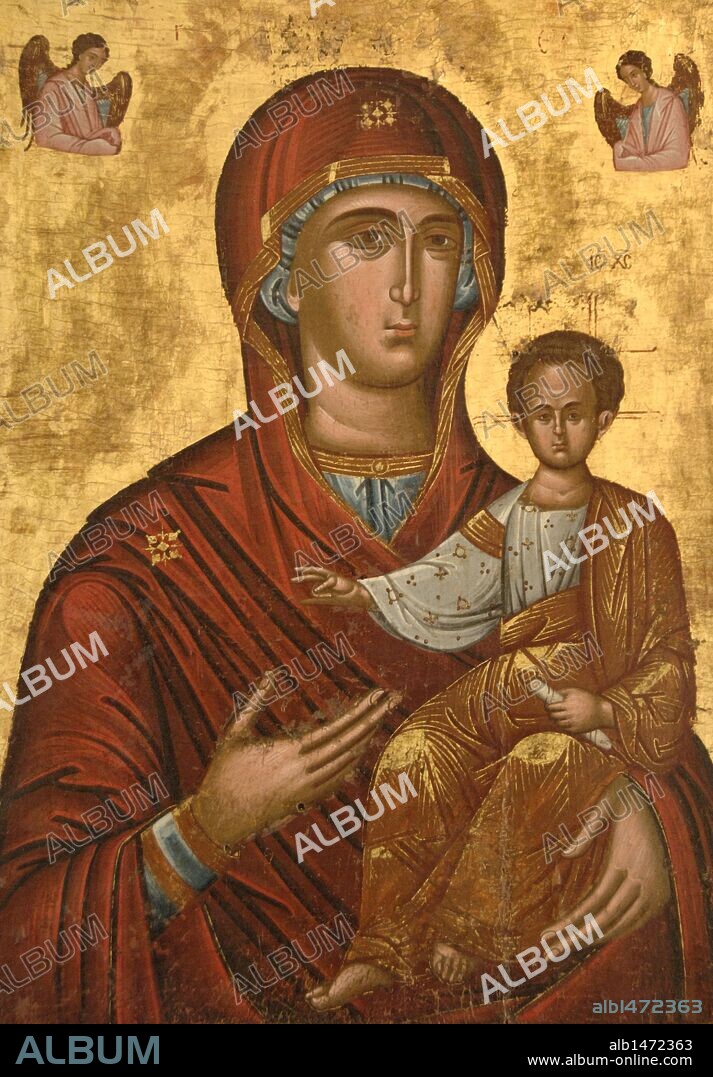 ARTE BIZANTINO. GRECIA. ICONO de la VIRGEN HODEGETRIA procedente de la iglesia de Agios Demetrios tou Kolla. Fechado a mediados del siglo XVI. Museo Bizantino. Zante. Islas Jónicas.