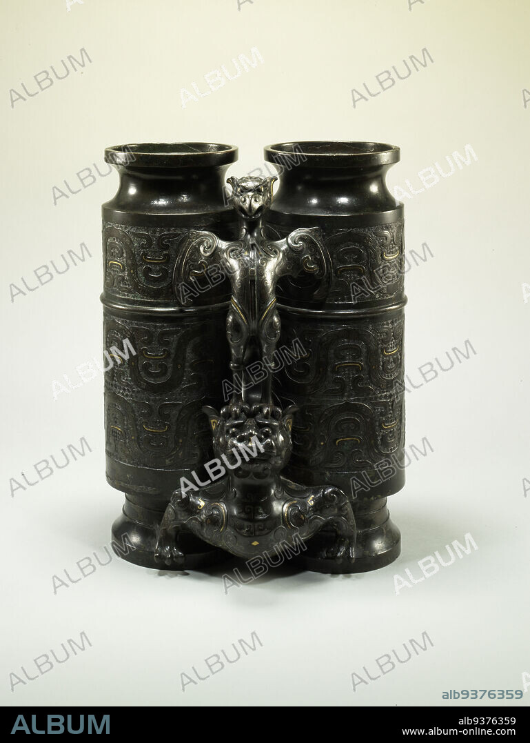 Double Vase with Decoration of Phoenix, Chimera, and Chi-Dragon, Chinese, Qing dynasty, 16441911, Qianlong period, 17361795, or Jiaqing period, 17961820, late 18thearly 19th century, Bronze with gold and silver inlay, China, Asia, Containers, metalwork, 18 1/8 x 13 3/8 in. (46 x 34 cm).